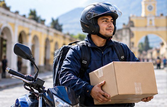 Mensajero en moto entregando un paquete de cartón en una calle colonial de Guatemala